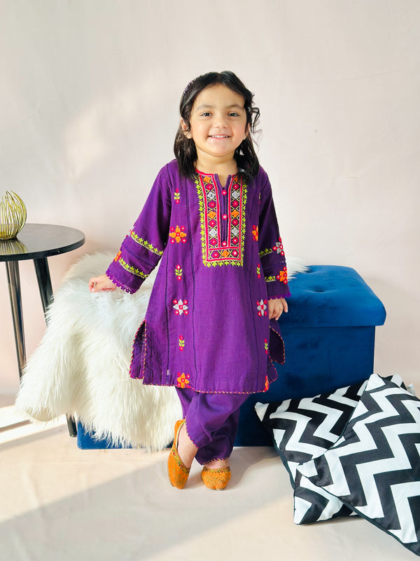 Girls  Slub EMB 2 Pcs Purple Dress