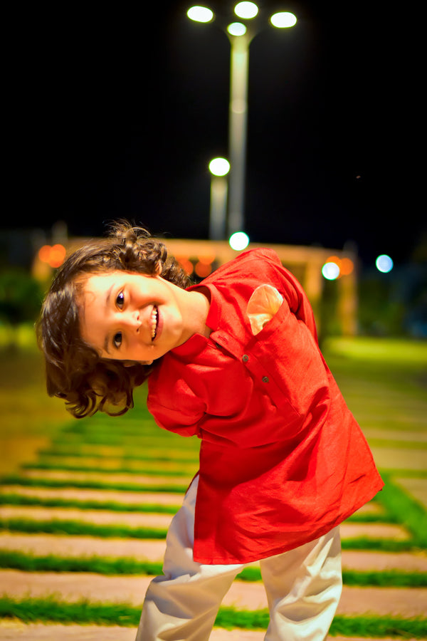 Boys Red Embroidered Kurta