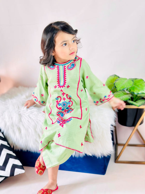 Girls Green Hand Embroidered  Suit